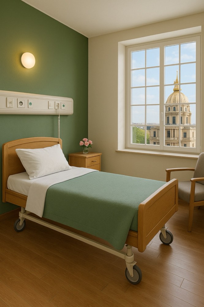 Chambre de pensionnaire rénovée, avec vue sur le dôme des Invalides